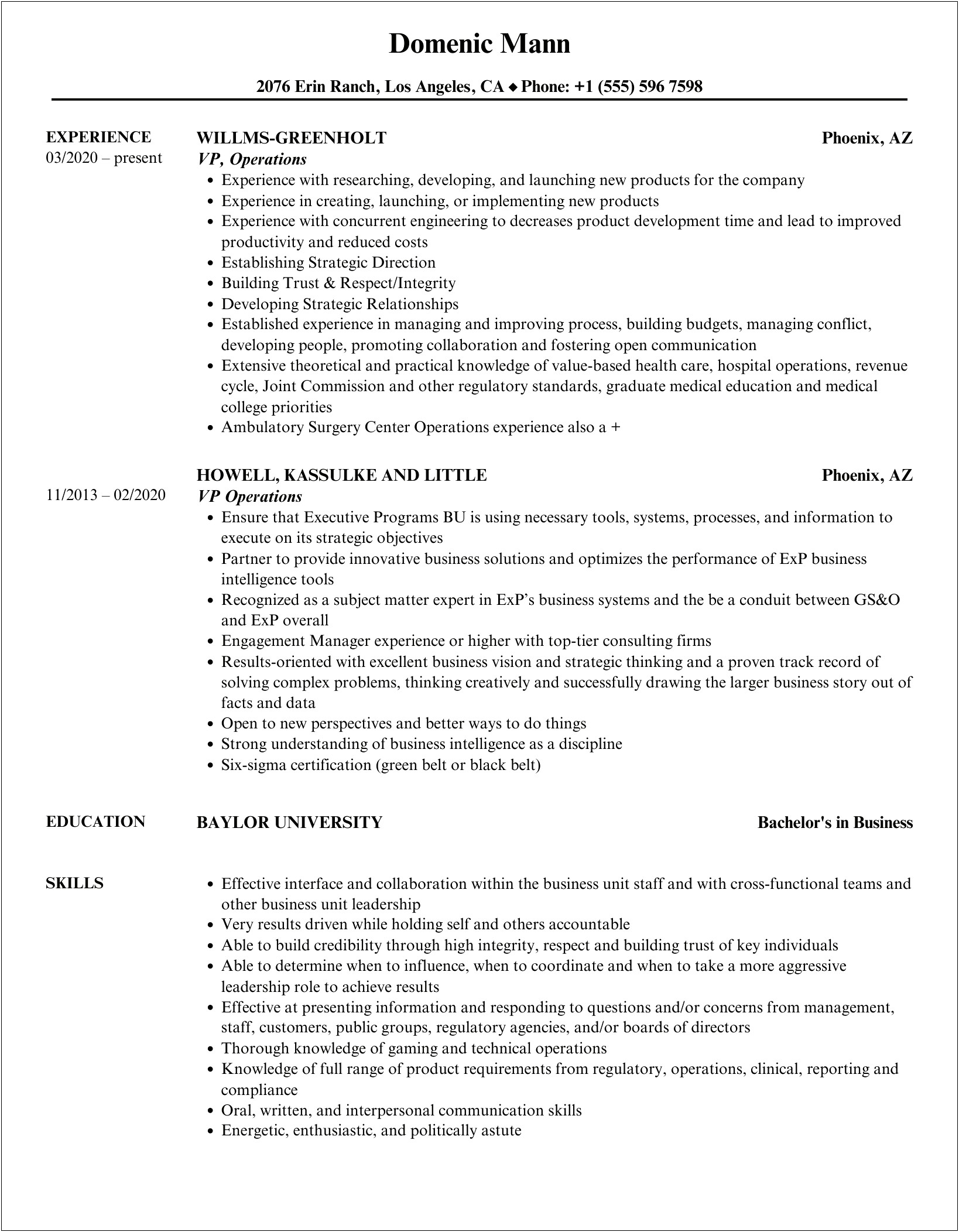Vice President Of Operations Sample Resume