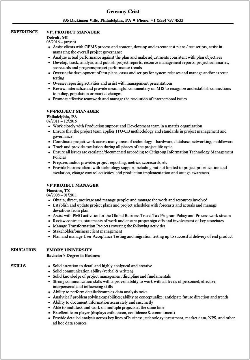 Vice President Of Program Management Resume