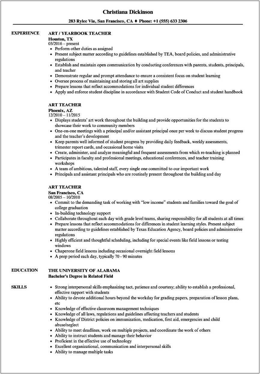 Visual Arts High School Resume Teacher