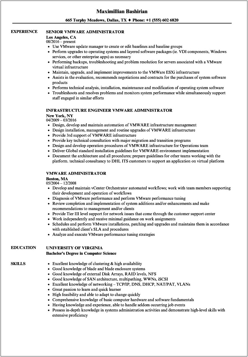 Vmware Administrator Resume 10 Years Experience