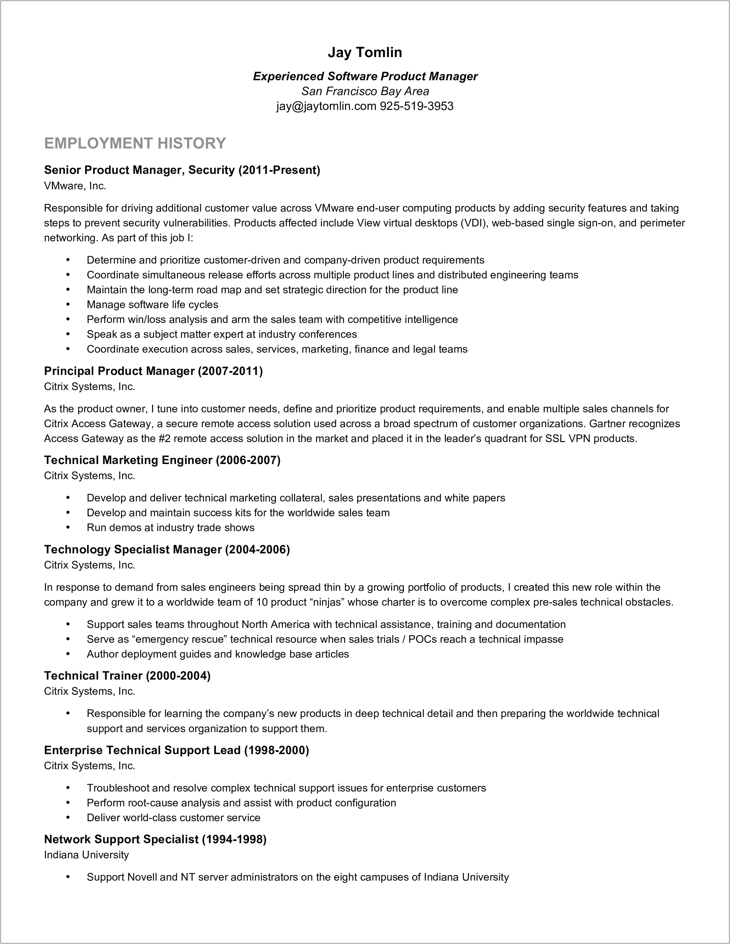 Vmware Project In Networking Sample Resumes