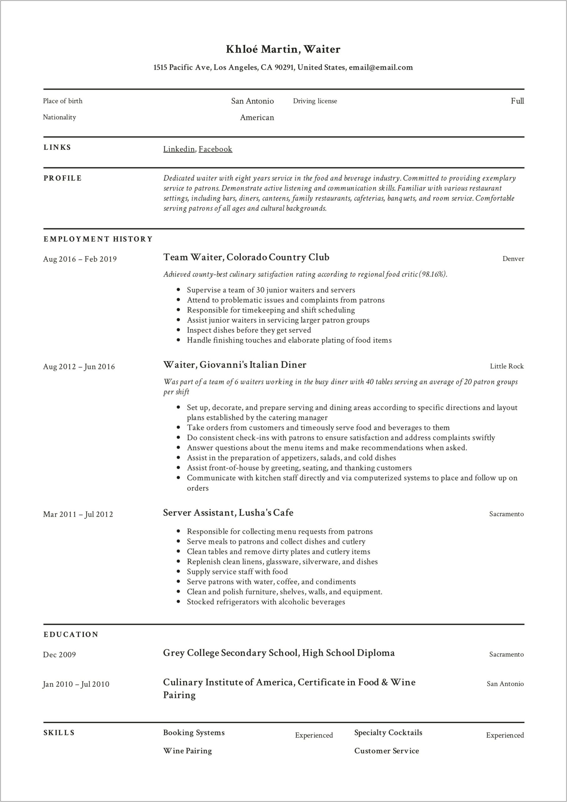 Waiter Job Description For Resume Sample