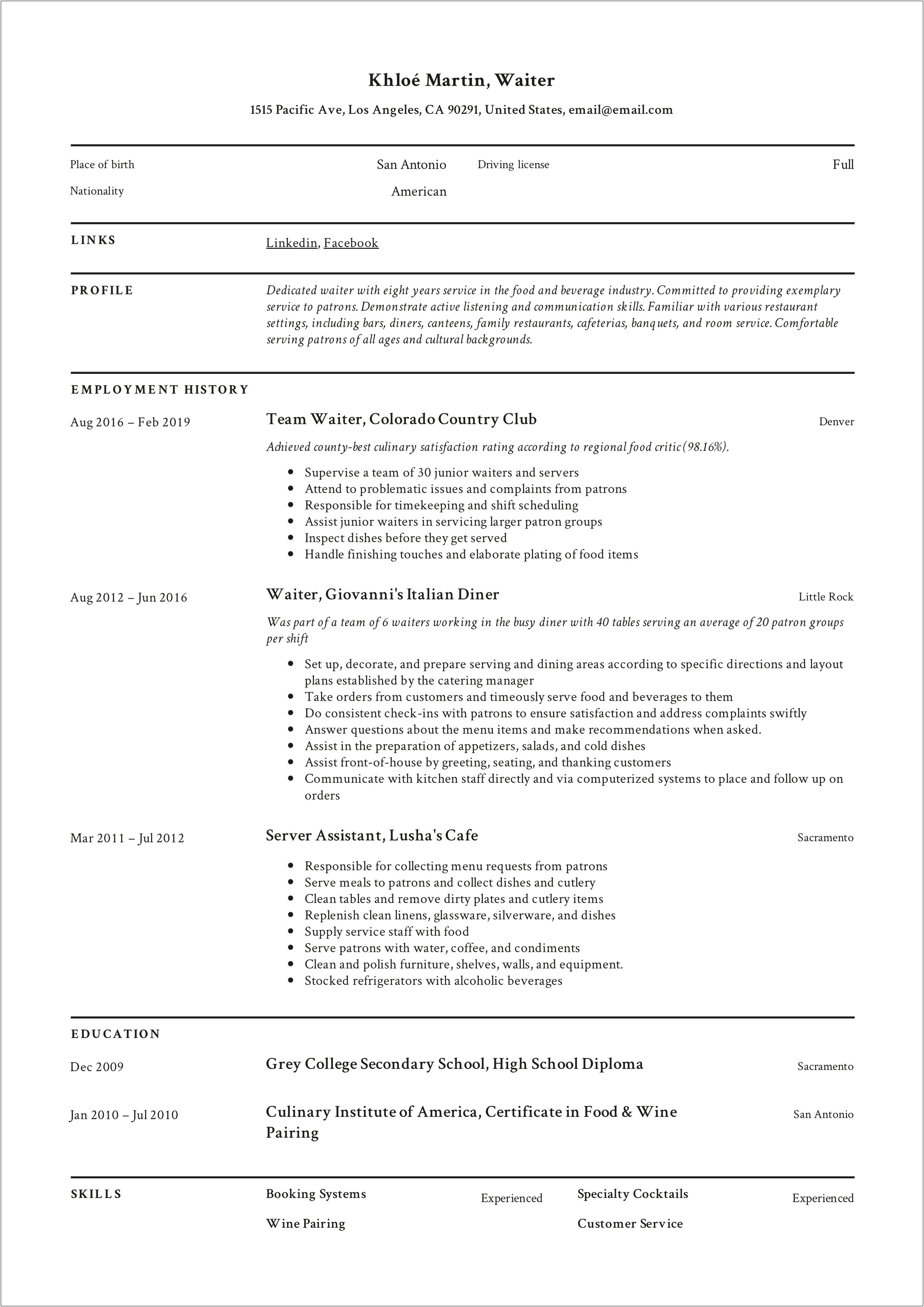 Waiter Job Description For Resume Sample