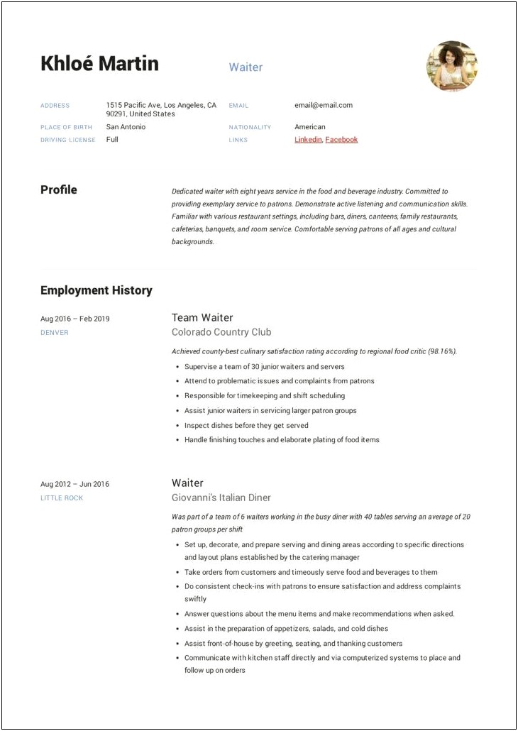 Waitress Job Description For Resume Samples