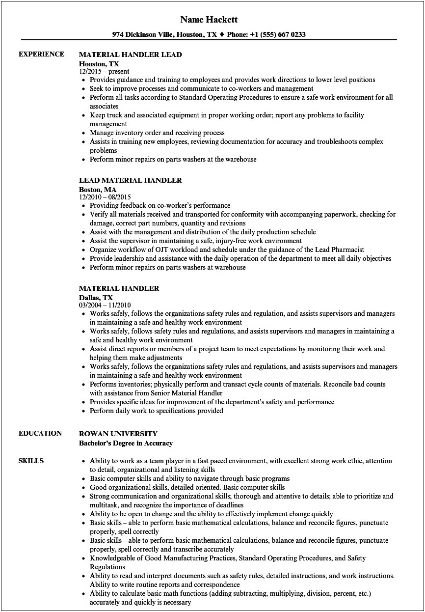 Warehouse Handler Job Description For Resume