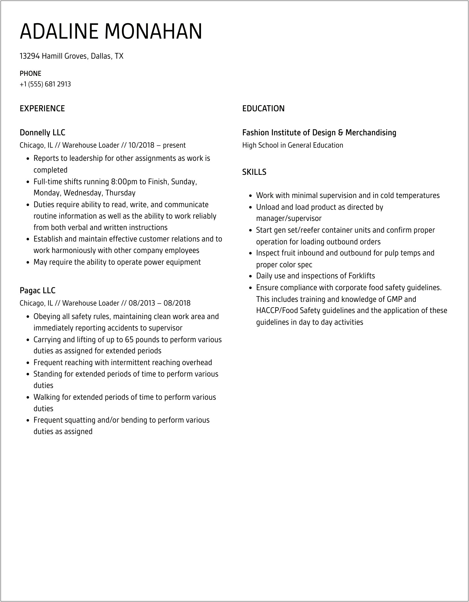 Warehouse Loader Job Description For Resume