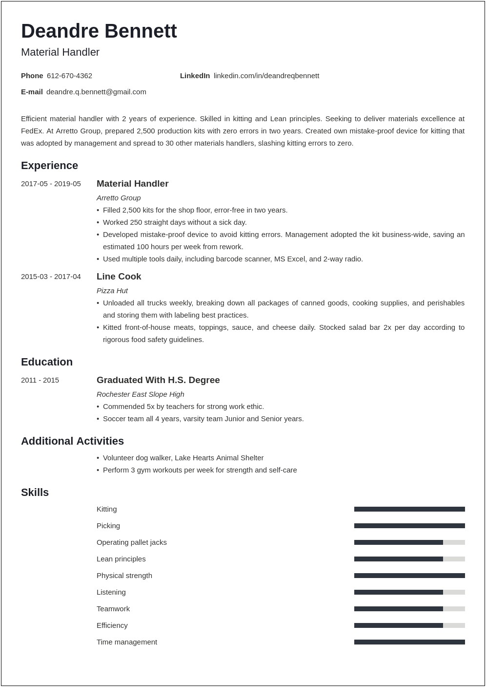 Warehouse Material Handler Resume With No Work Experience