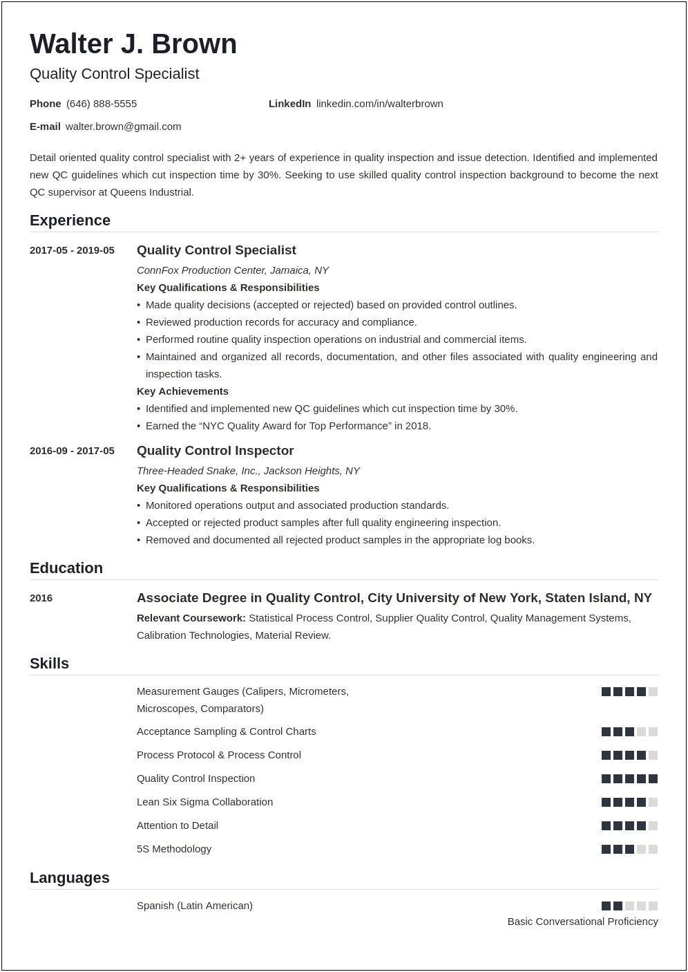 Warehouse Quality Control Job Description Resume