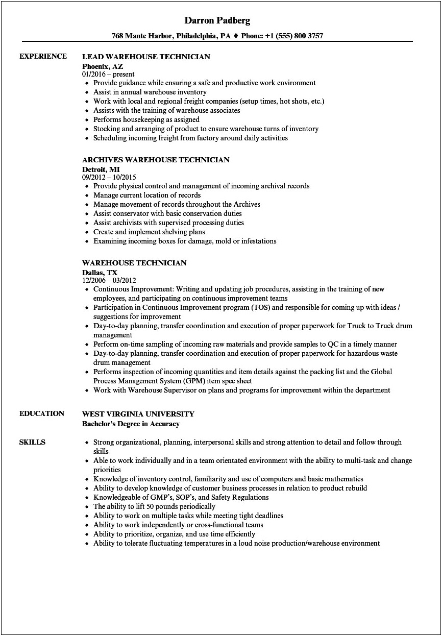 Warehouse Technician Skill To Put On Resume