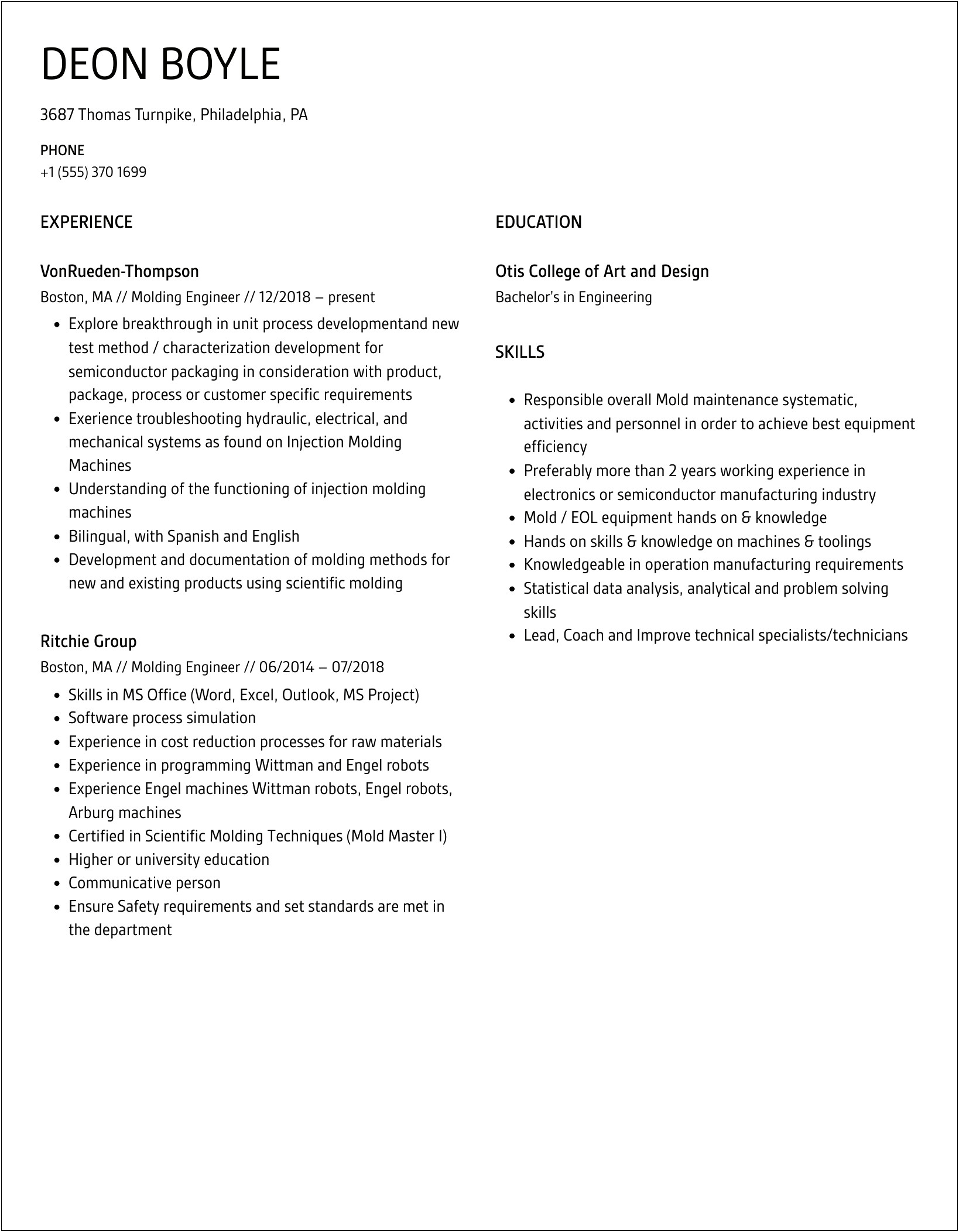 Wax Injection Job Description For Resume