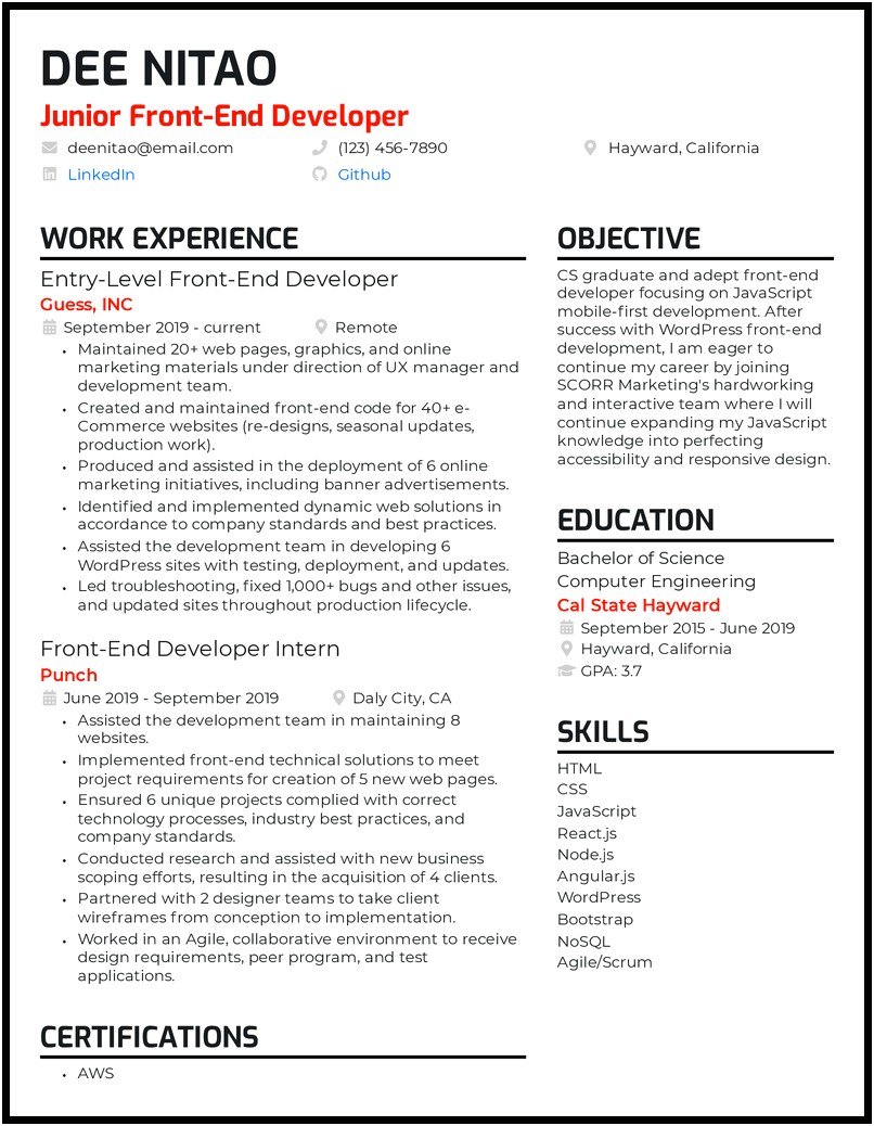 Web Application Front End Project Description Resume