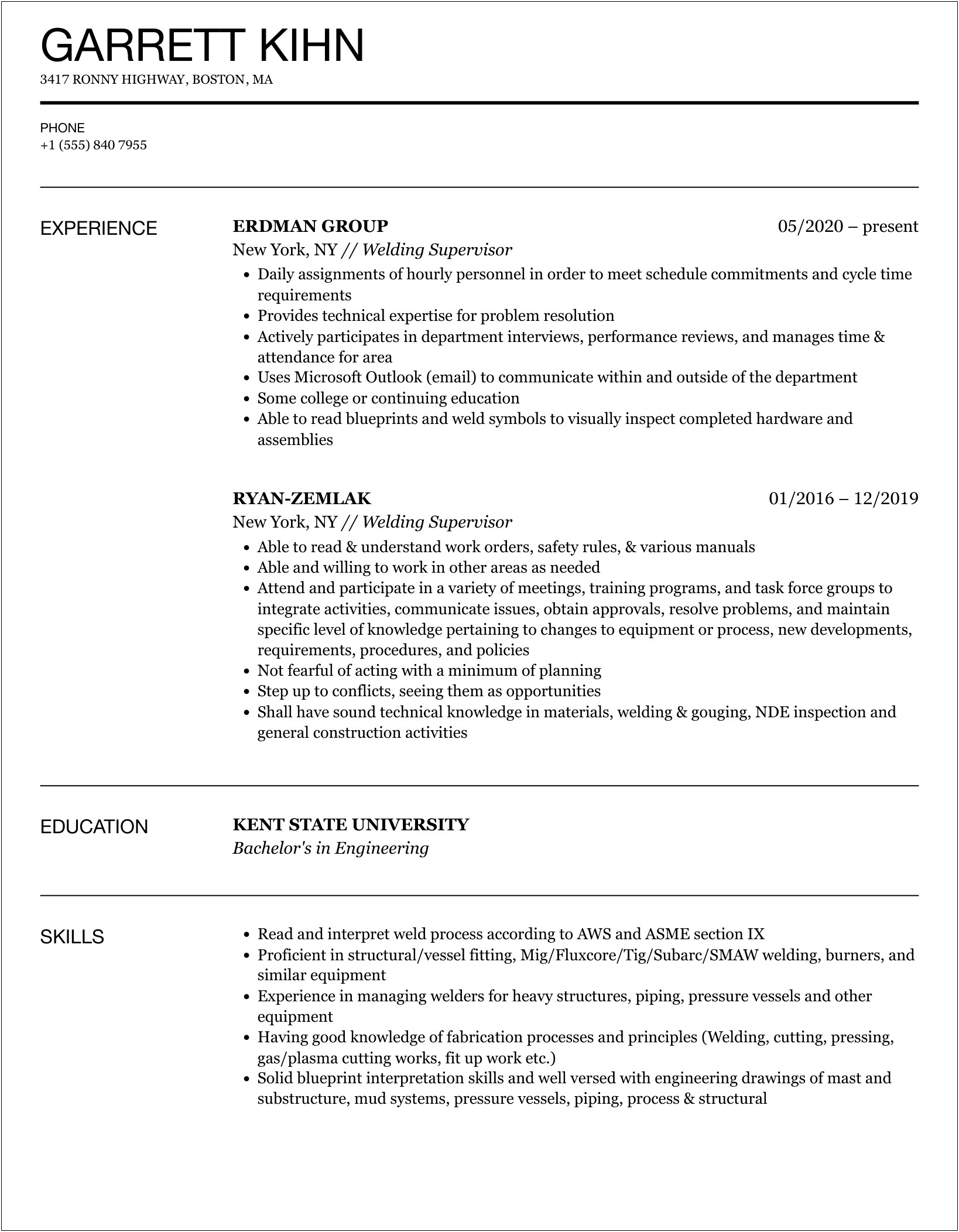 Welder Supervisor Job Description For Resume