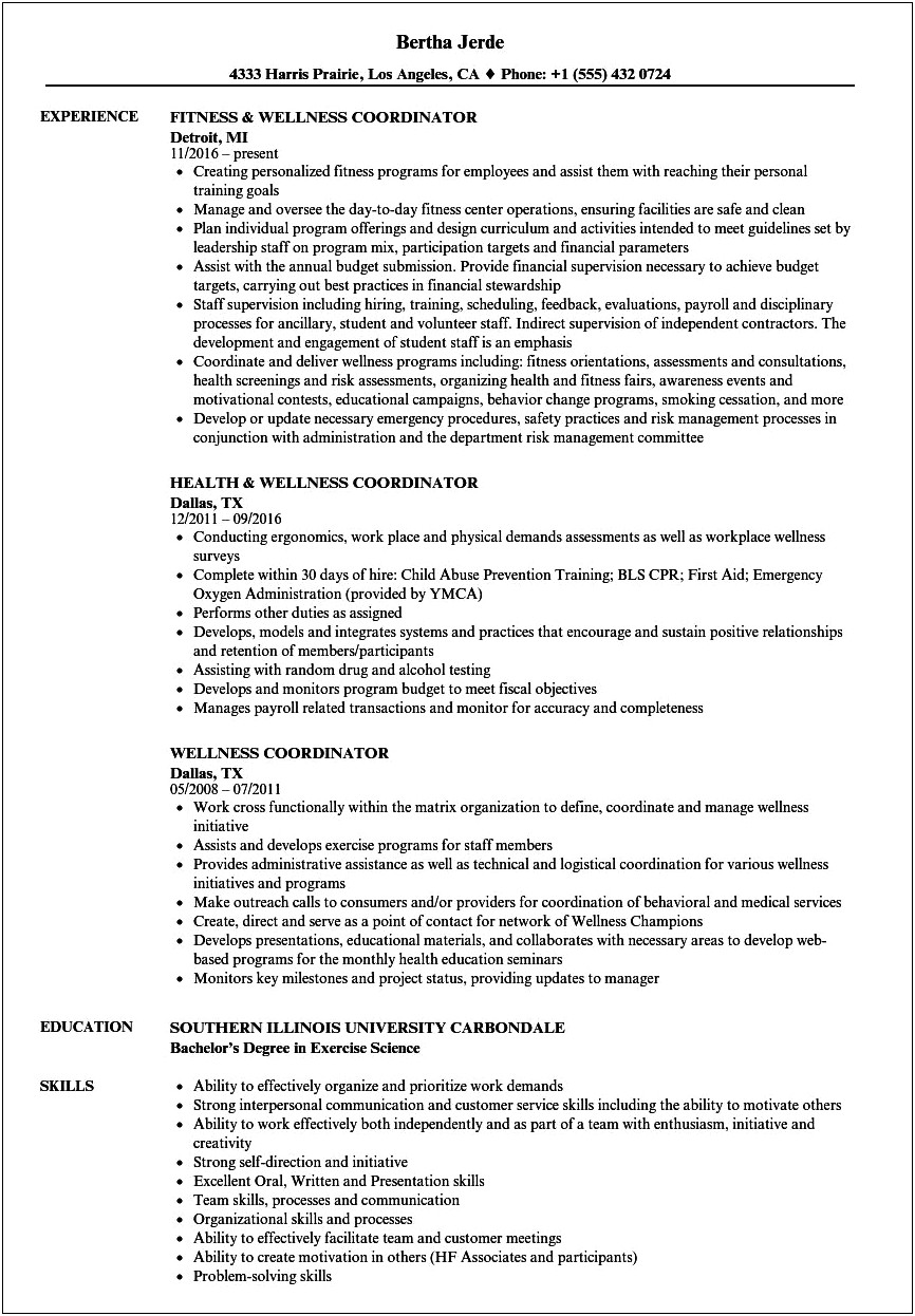 Wellness And Recovery Center Resume Job Description Sample