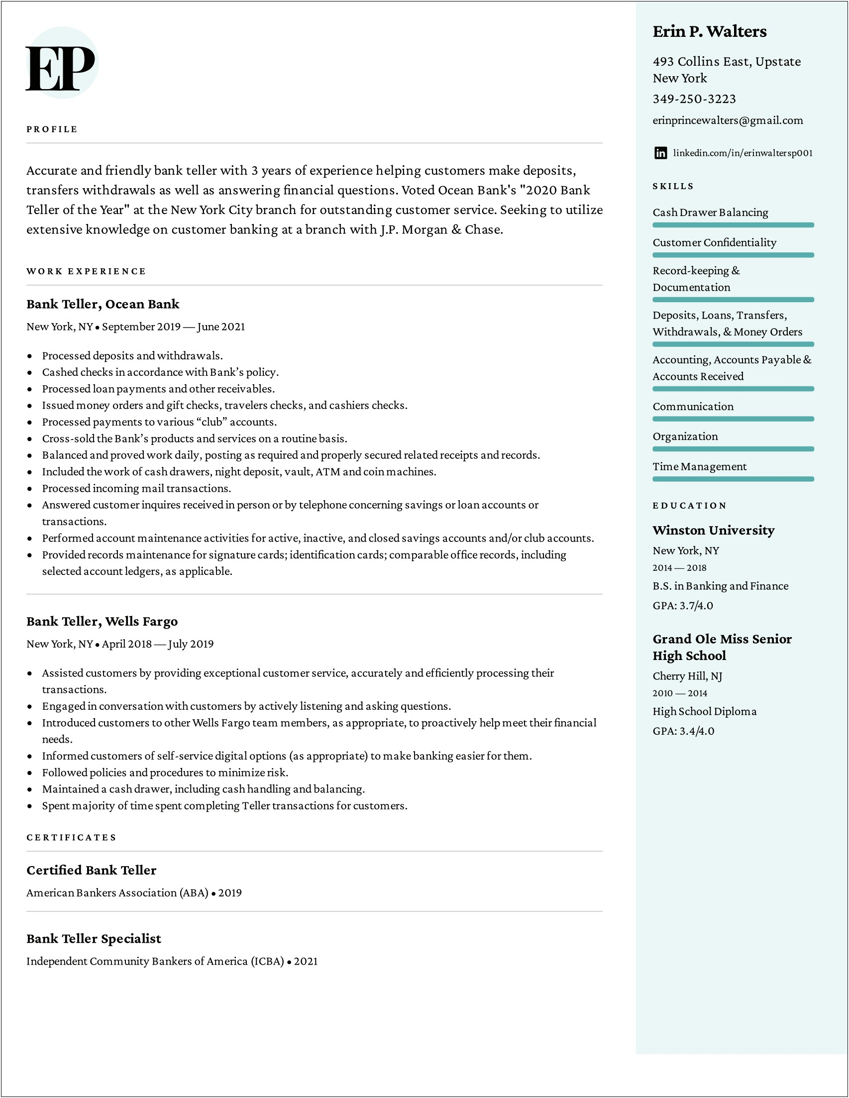 Wells Fargo Personal Banker Resume Sample