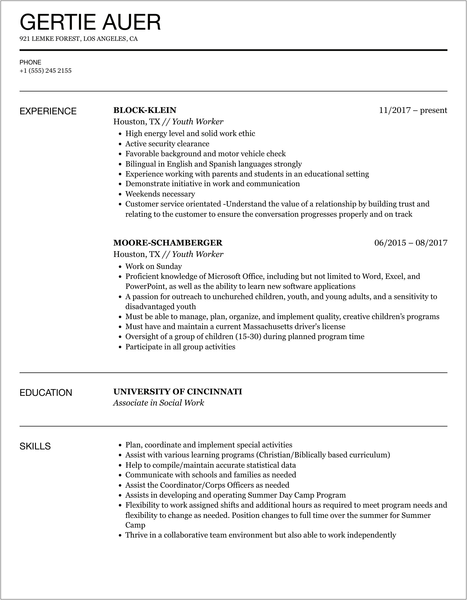 White Plains Youth Bureau Sample Resume