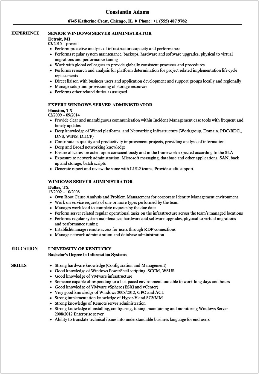 Windows Admin 3 Years Experience Resume