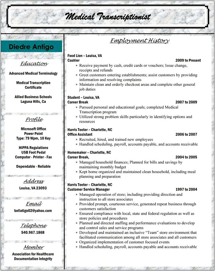 Word Resume Template Billing And Coding