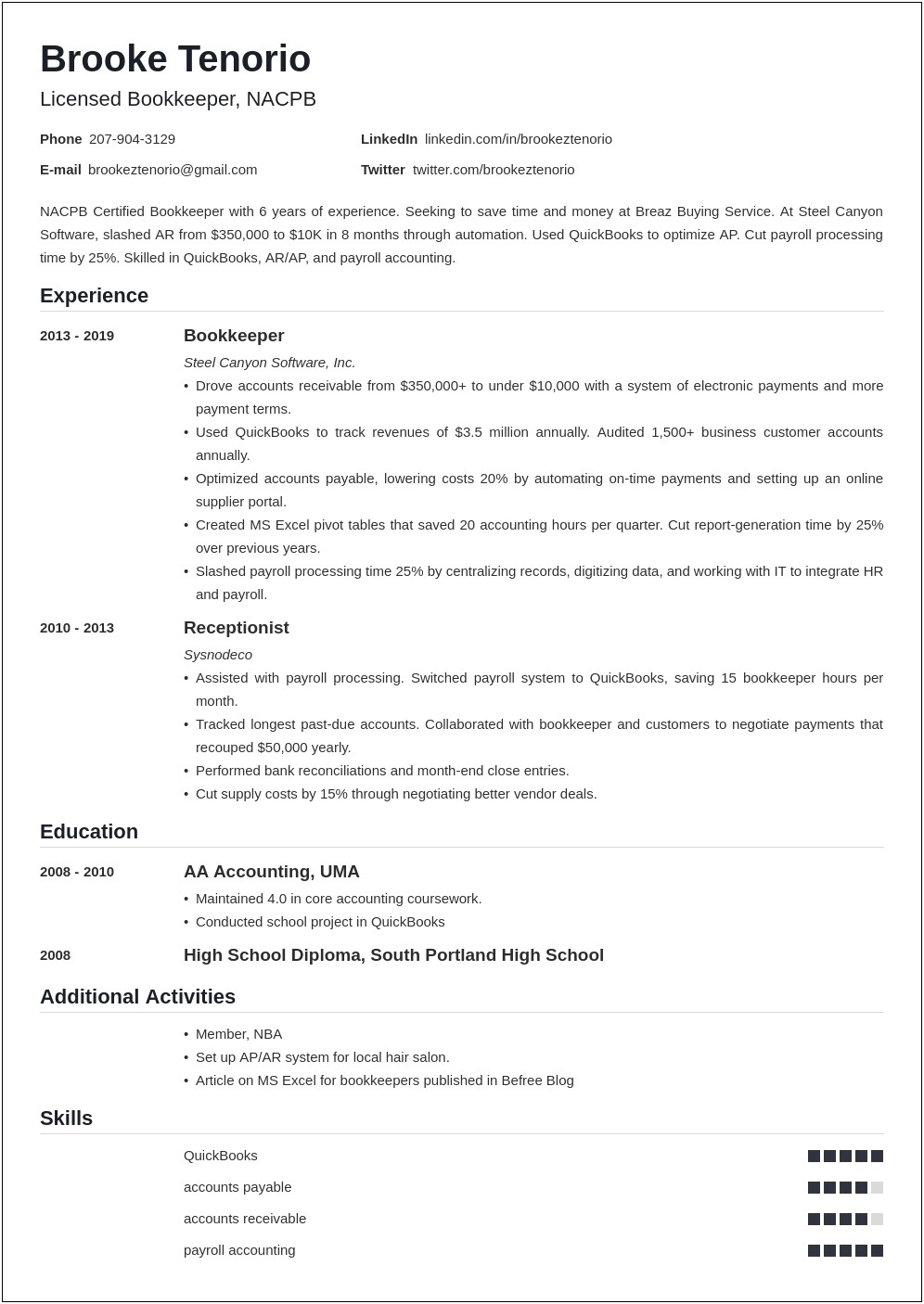 Wording For A Resume For A Bookkeeper Description