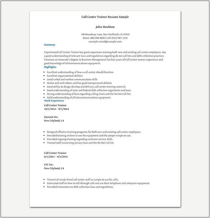 Work At Home Call Center Resume