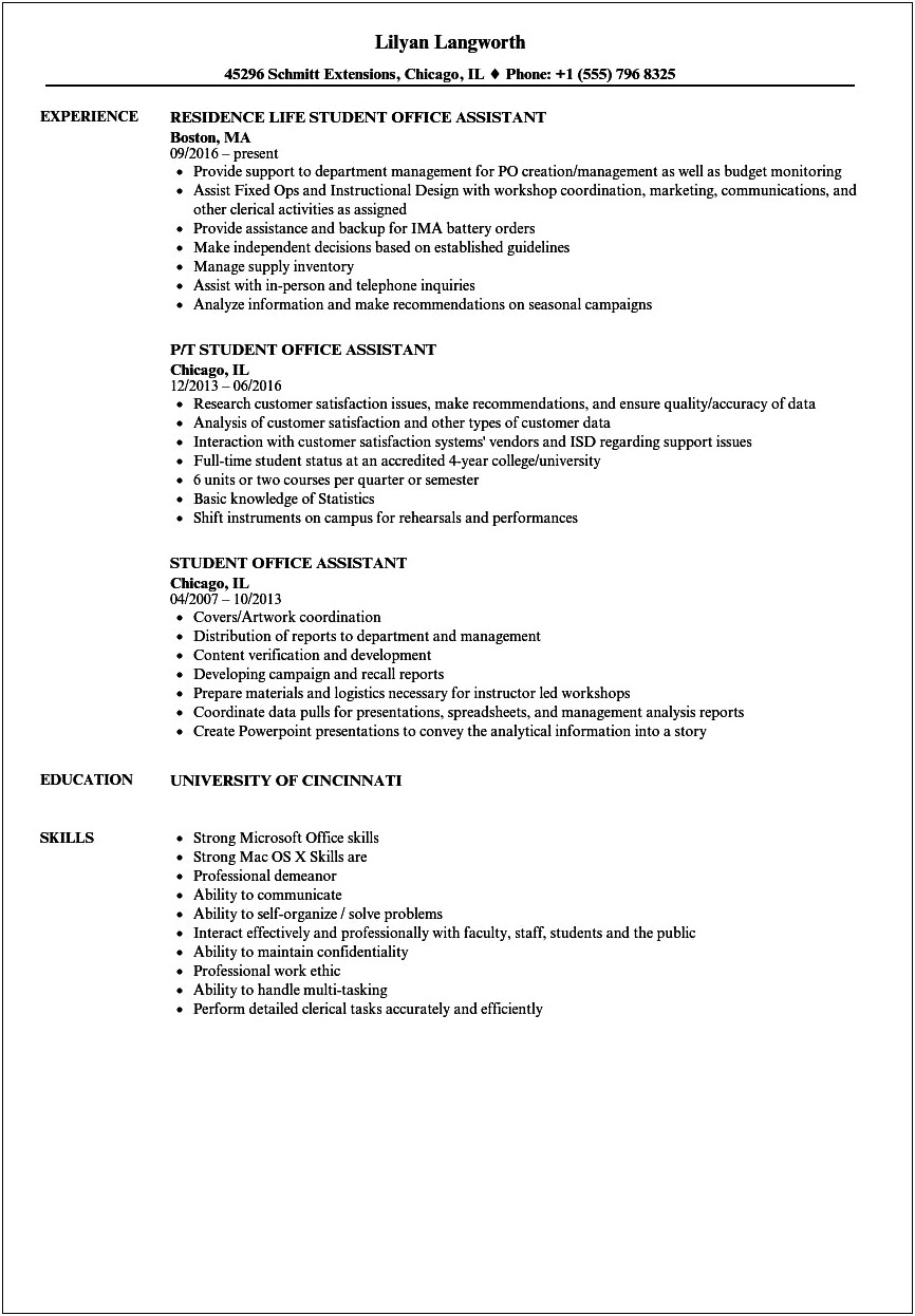 Work Ecpereince For Office Assistent For Resume