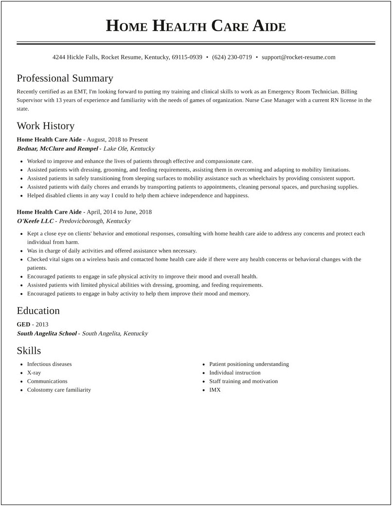 Work Experience As A Home Health Aide Resume