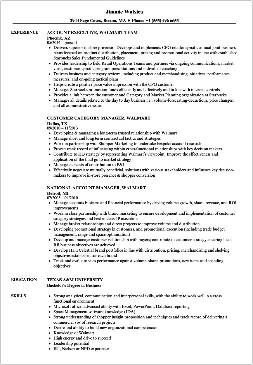 Work Experience As Walmart For Resume