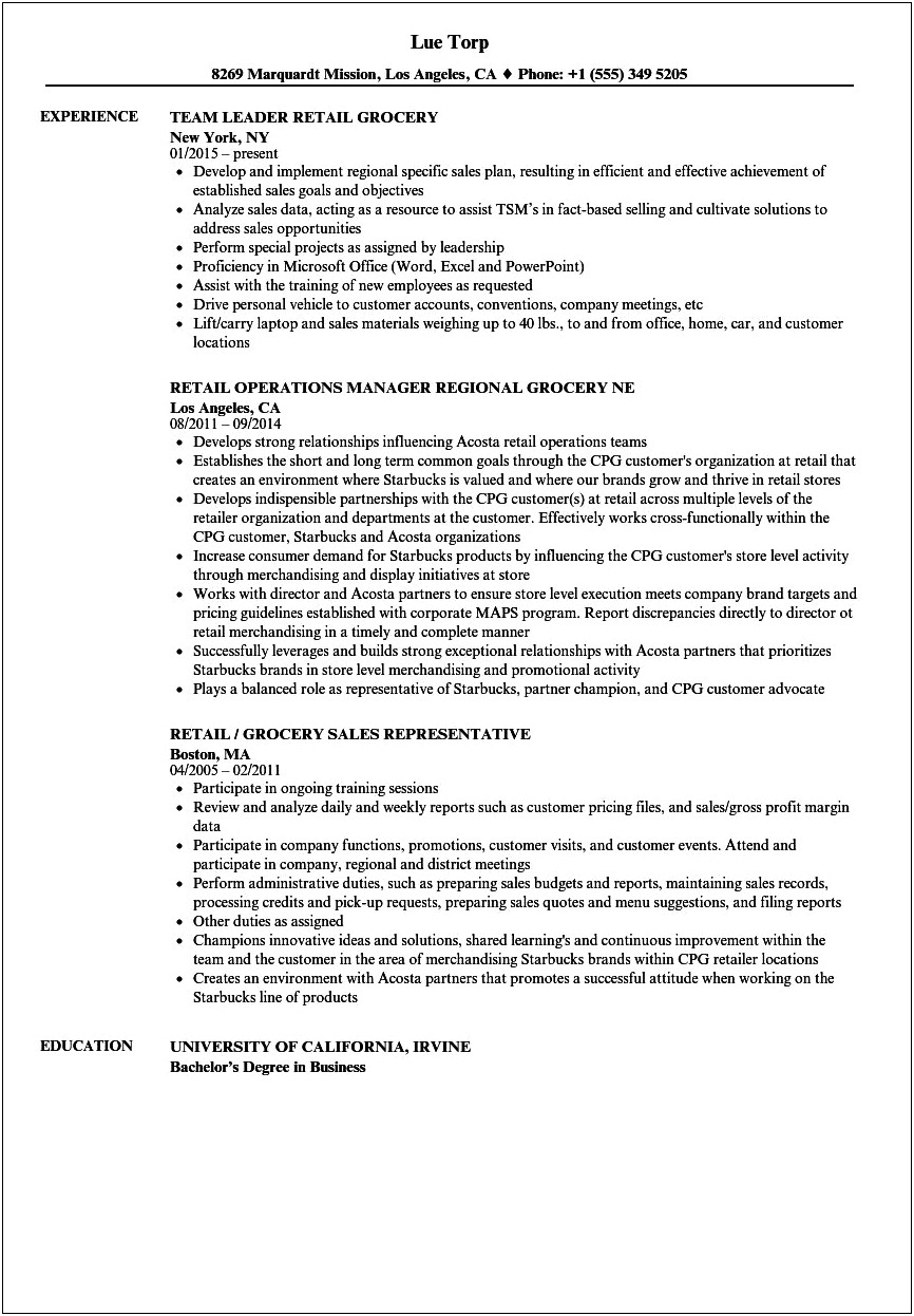 Work Experience On Resume For Grocery Store
