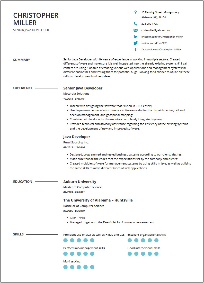 Work Experience Points In Java Resume Sample