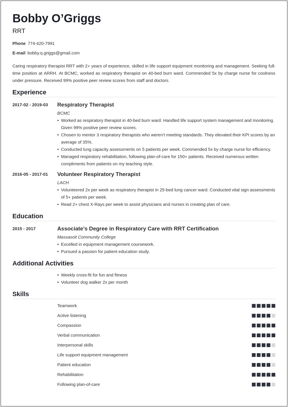 Work Experience Resume For Respiratory Therapist