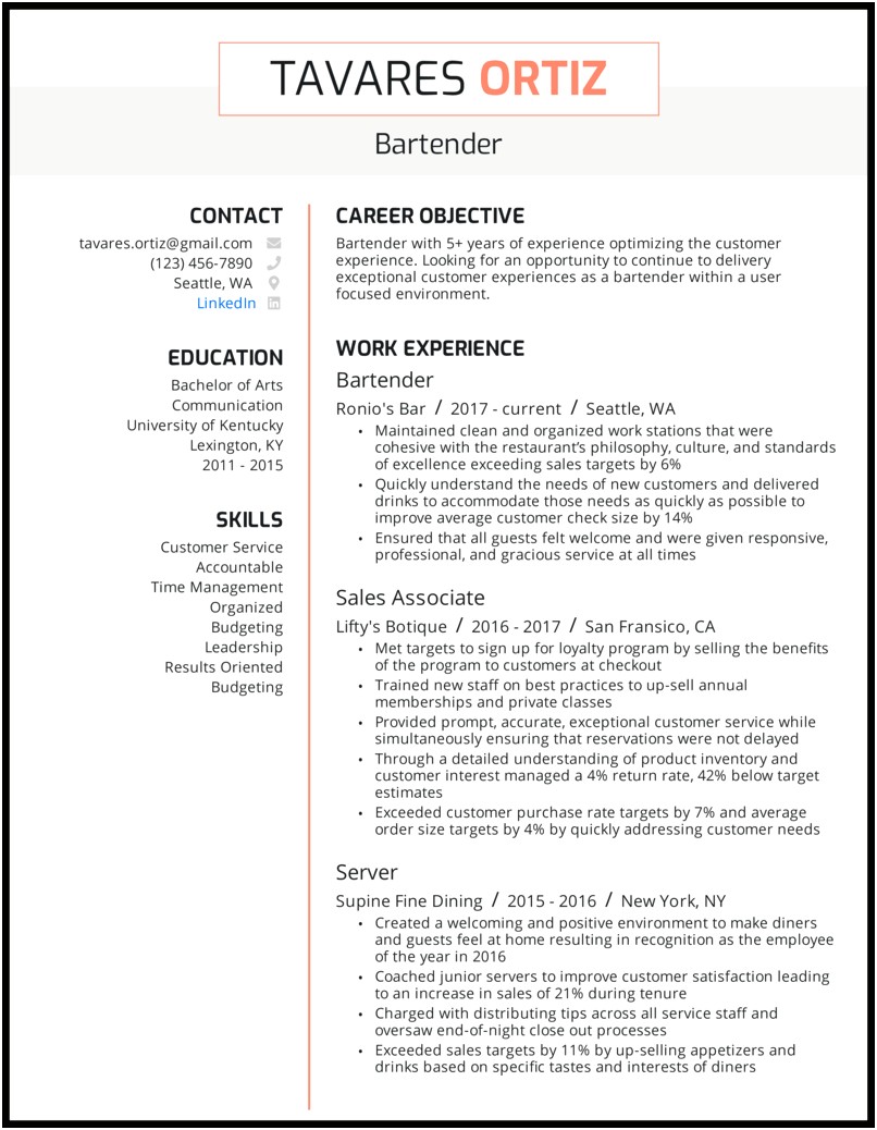 Working As A Server Duties On A Resume