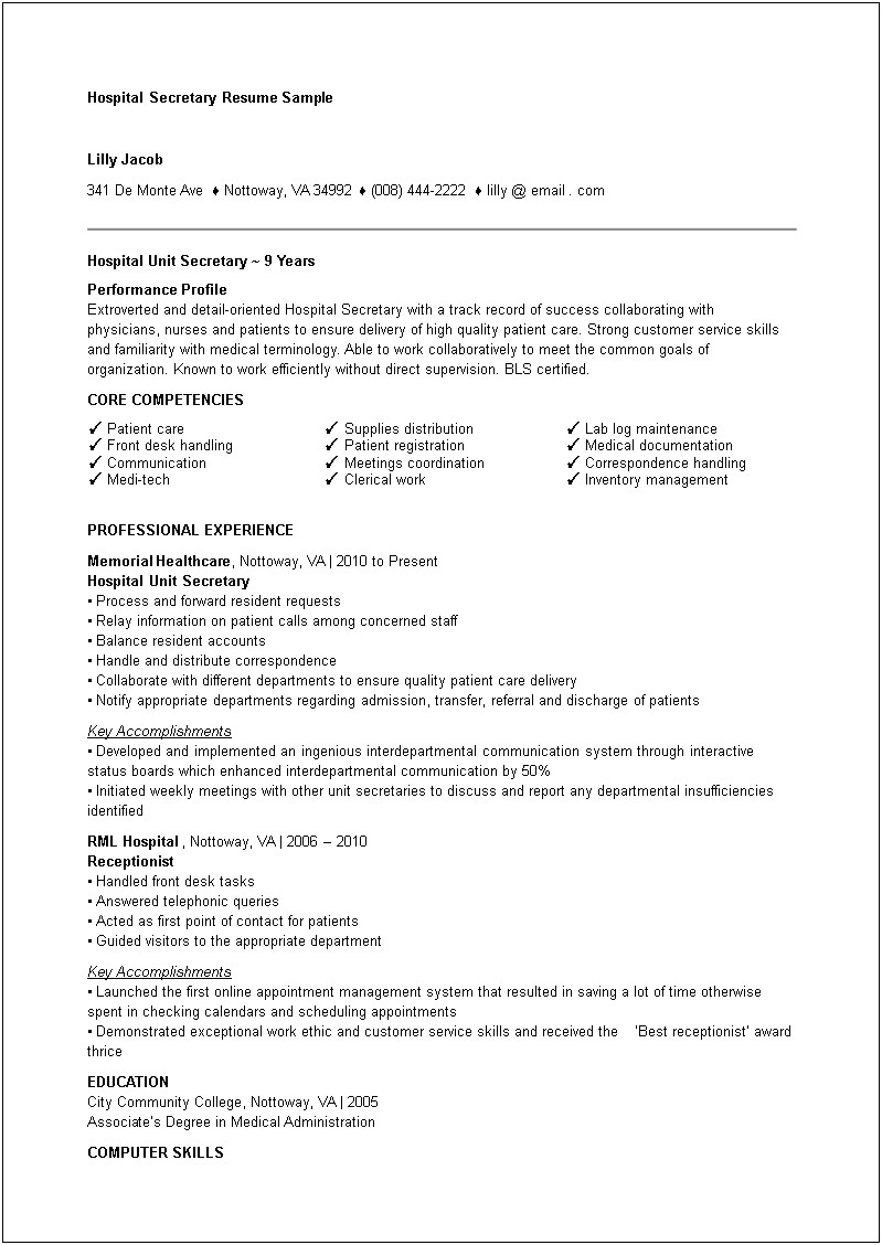 Working In A Hospital Resume Example