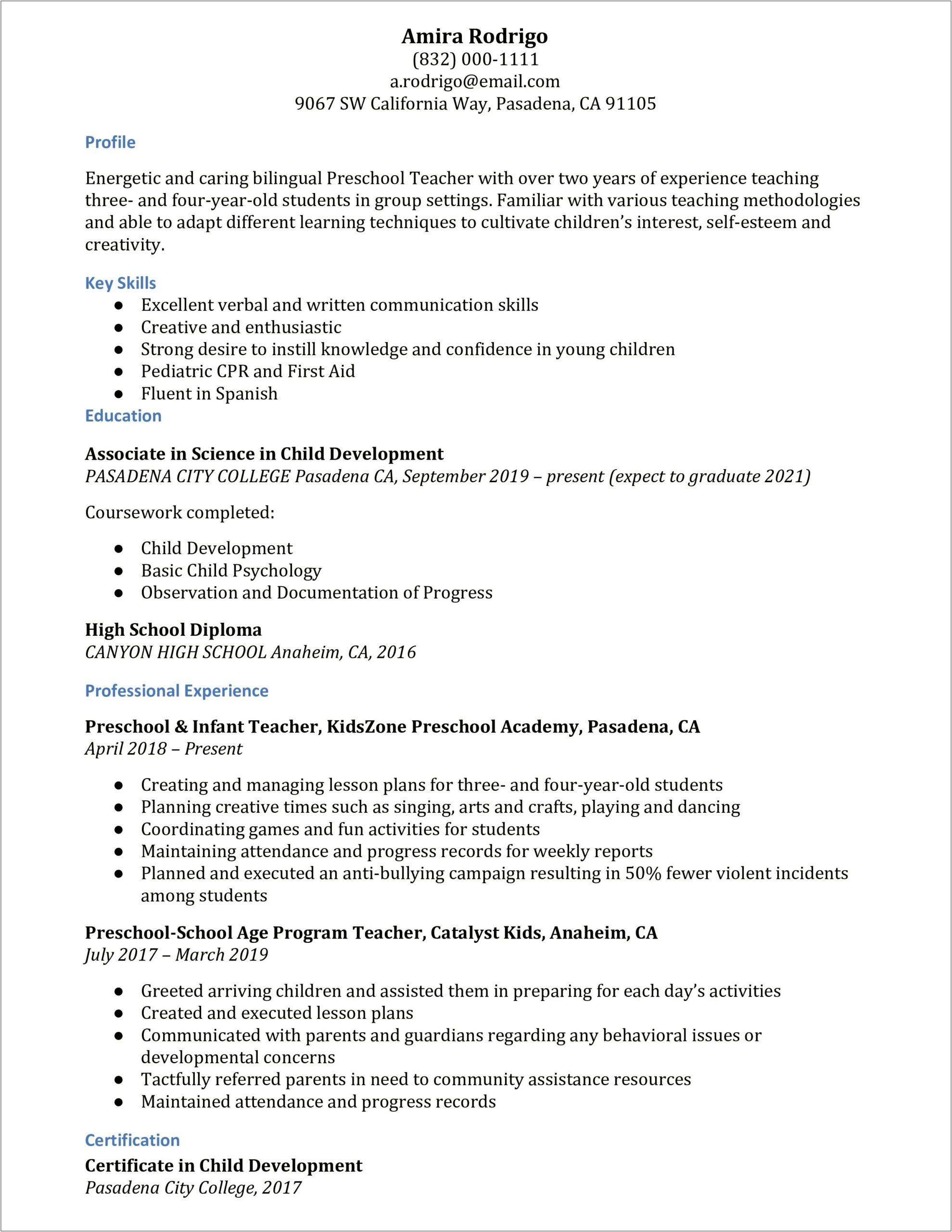 Working With Ages 2 3 Preschool Resume