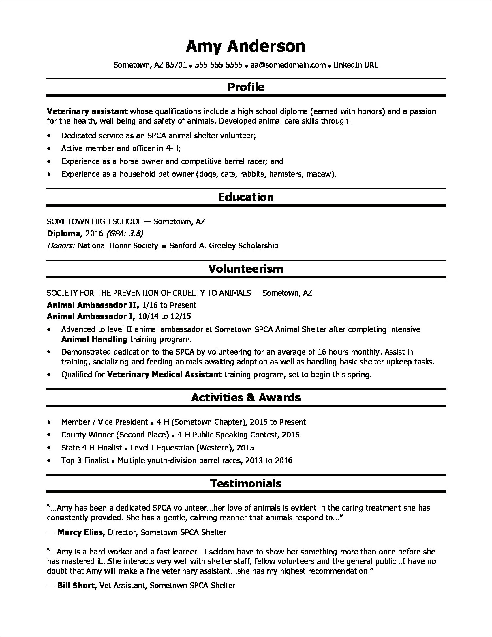 Working With Animals On College Resume