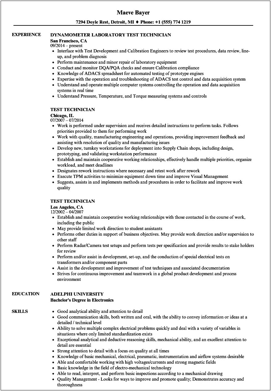 World Class Manufacturing Test Technician Resume Samples