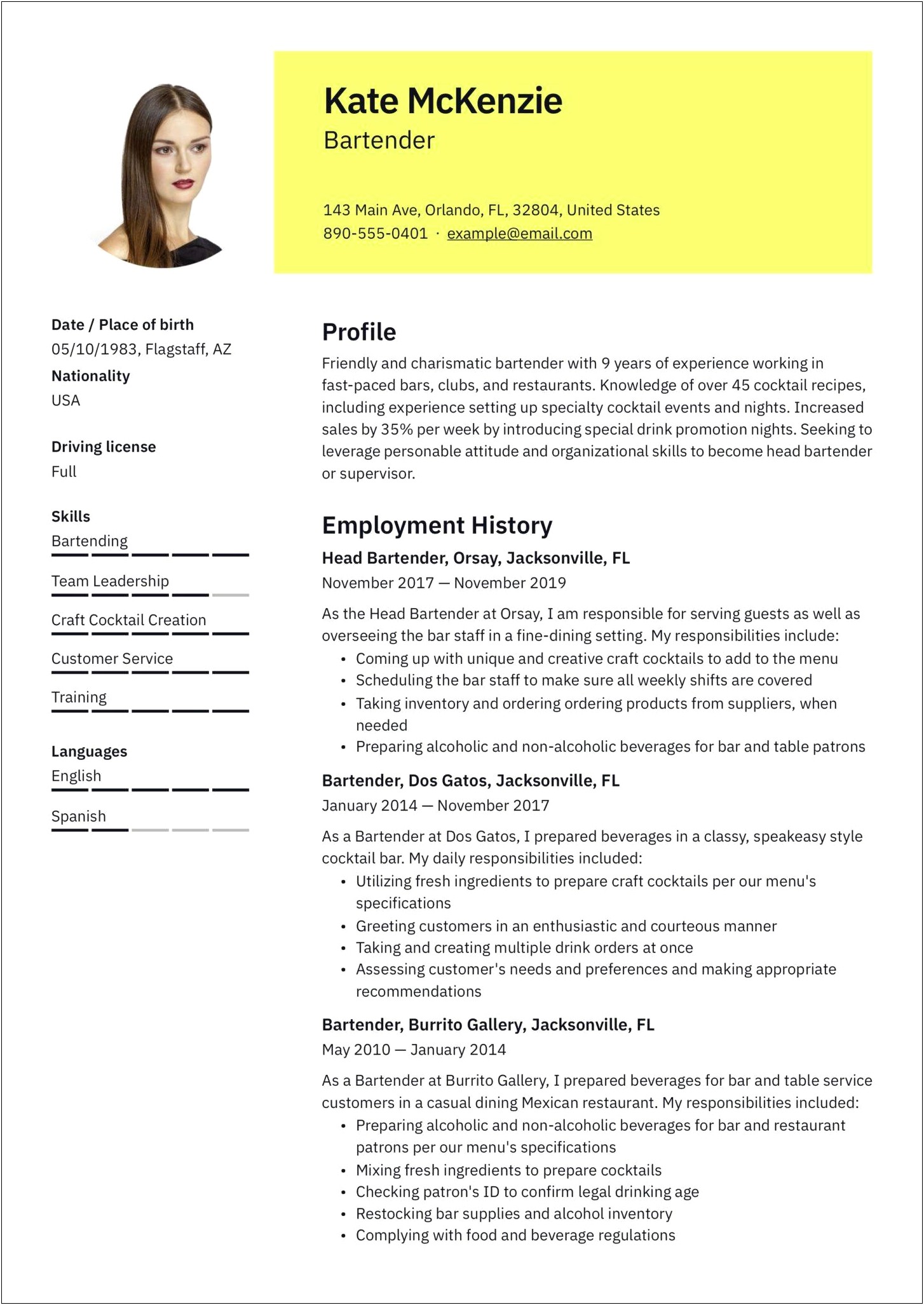 Writing A Resume For A Bartening Job