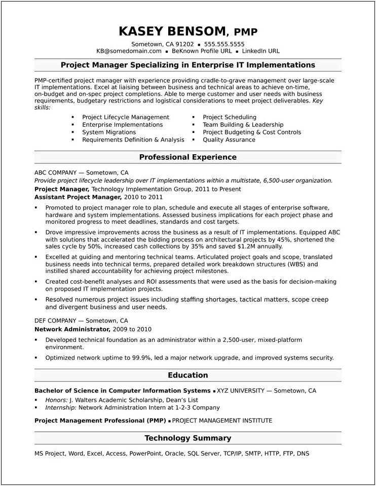 Writing A Resume For Project Manager