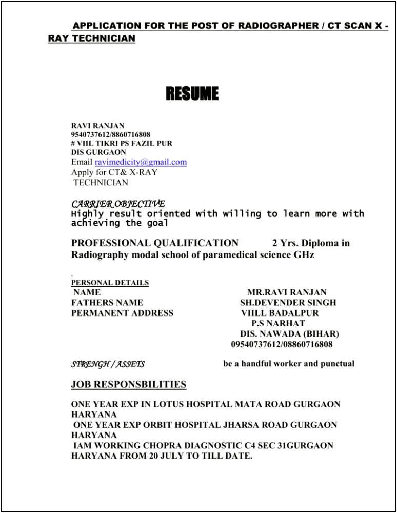 X Ray Tech Job Description Resume