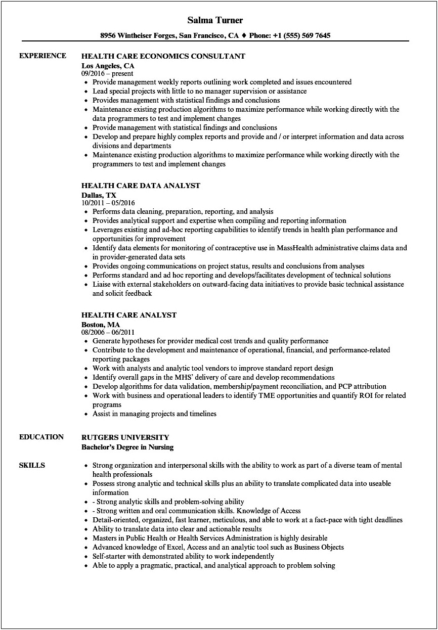 Years Of Experience In Health Care Resume