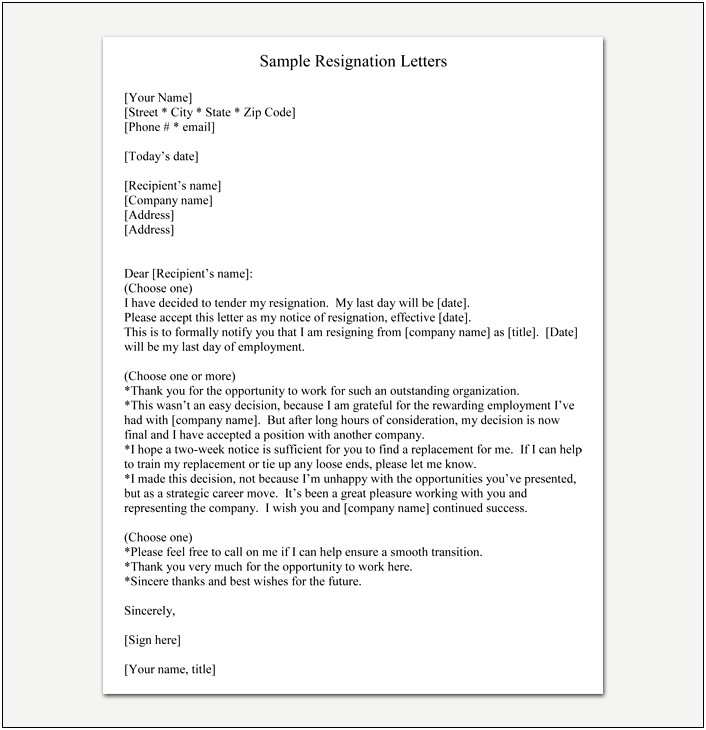 1 Month Notice Sample Resignation Letter Template