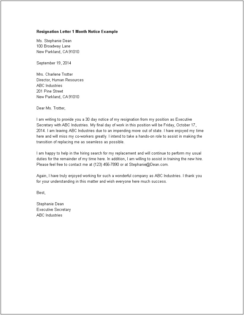 1 Month Notice Simple Resignation Letter Template