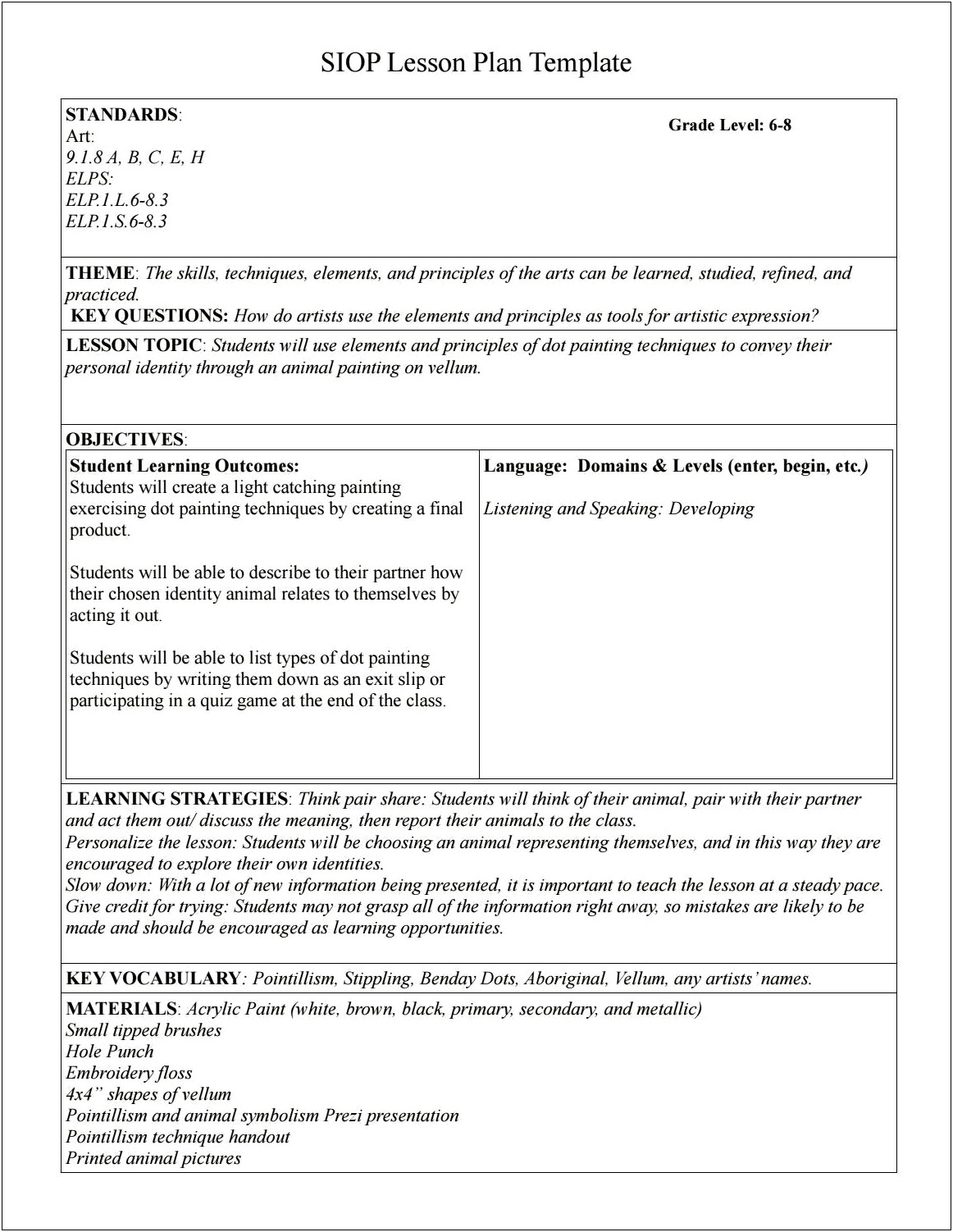 1 Page Lesson Plan Template Art