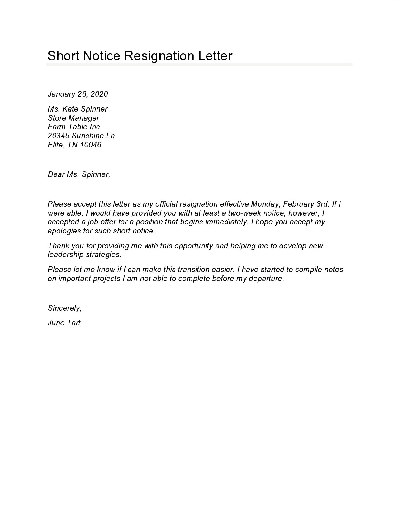 1 Week Notice Resignation Letter Template
