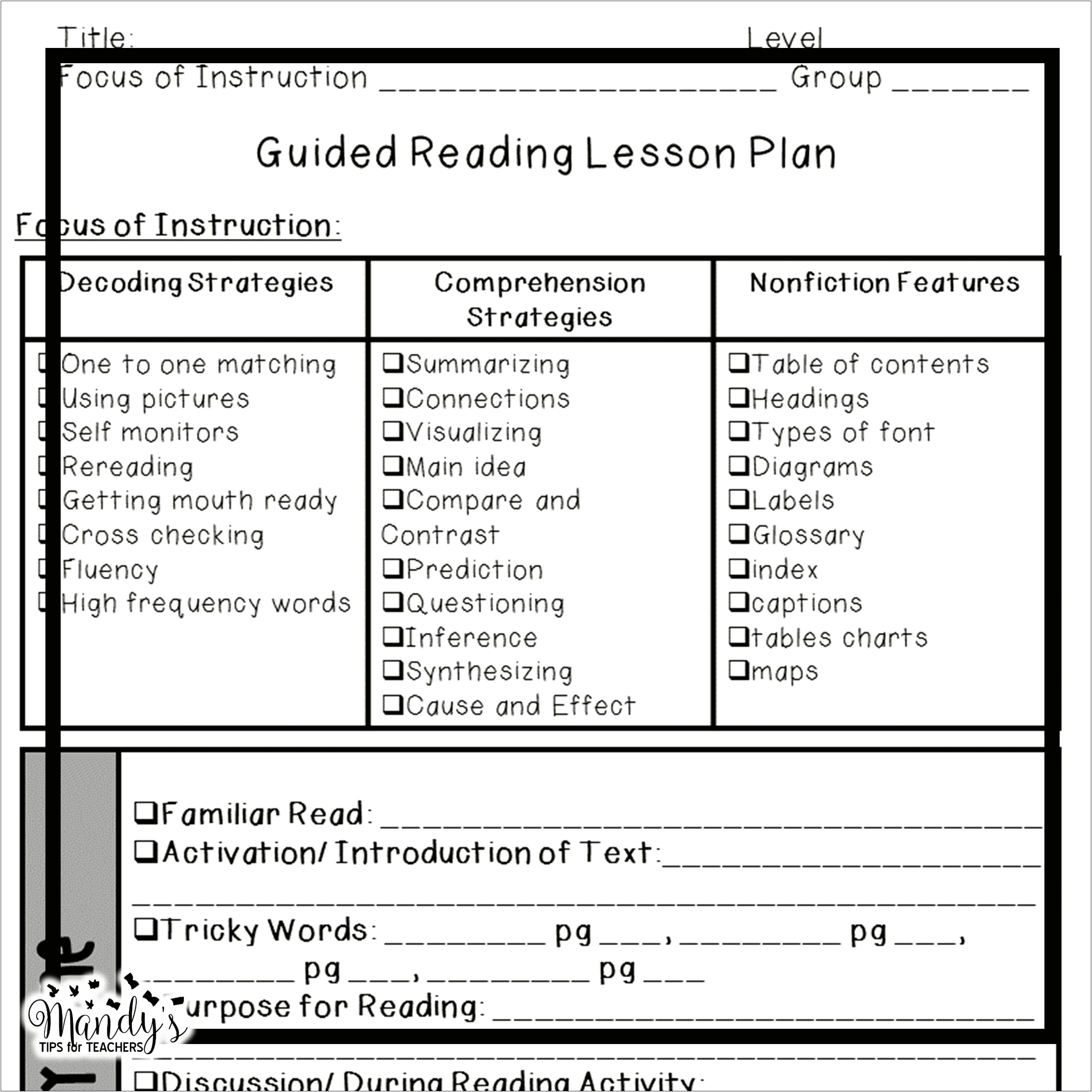 1st Grade Guided Reading Lesson Plan Template