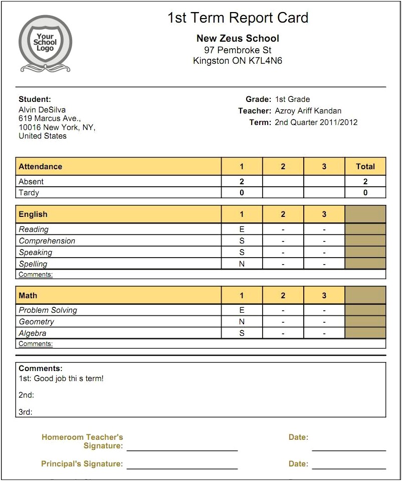 2 Term Kindergarten Report Card Template