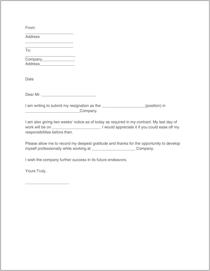 2 Week Notice Letter For Work Template