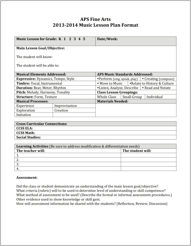 2014 Music Standards Lesson Plan Template Instrumental Music