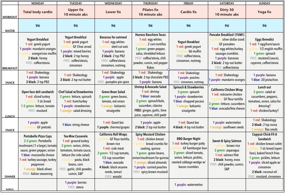 21 Day Fix Extreme Meal Plan Template 1200