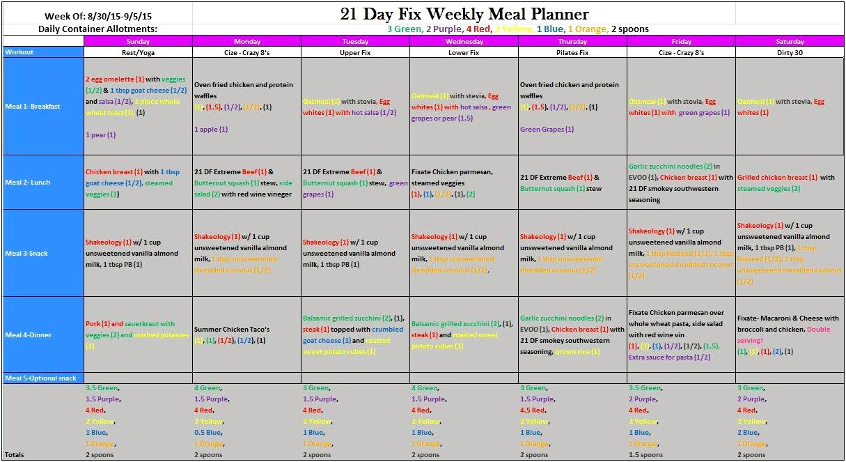 21 Day Fix Meal Plan Template 1200