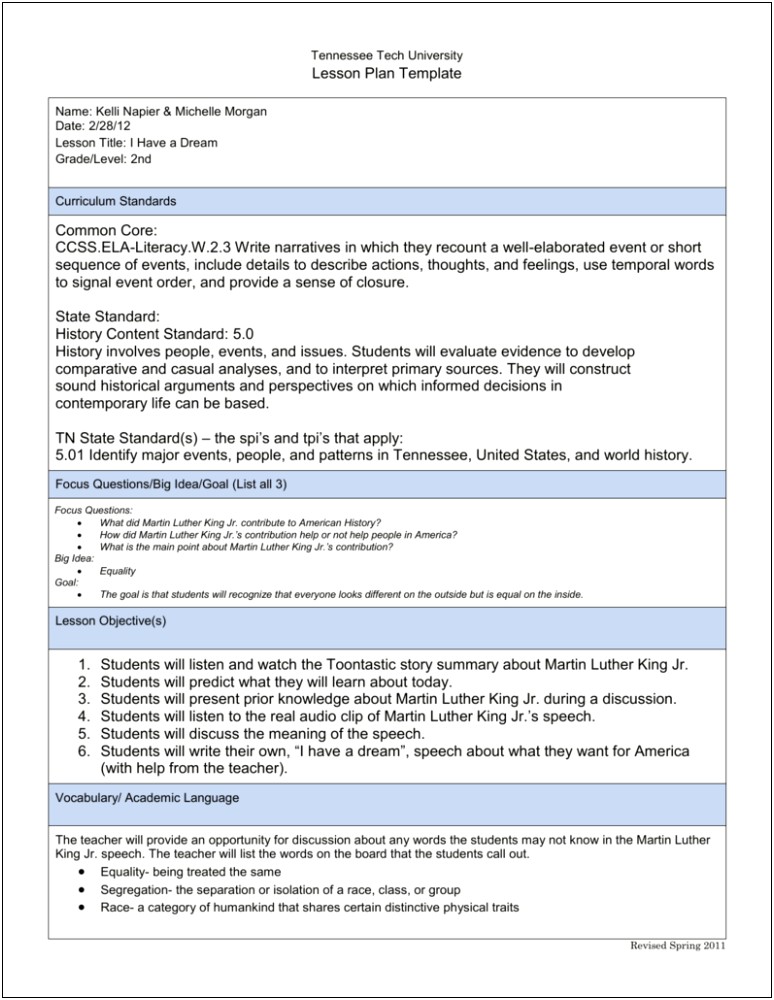 2nd Grade Common Core Lesson Plan Template