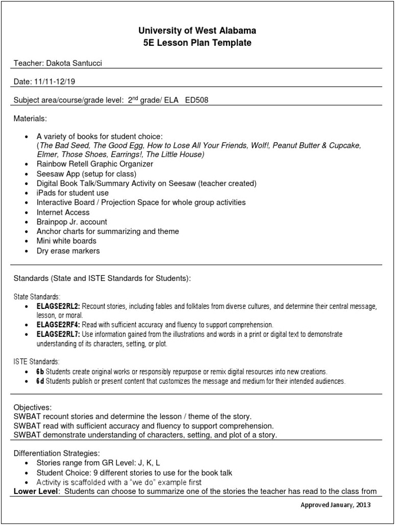 2nd Grade Ela Lesson Plan Template